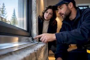 Owner and contractor inspecting window flashing