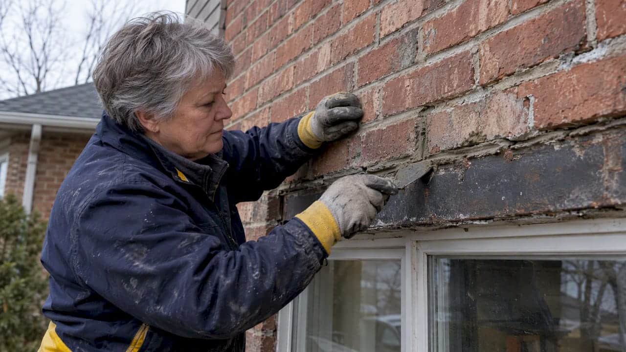 Contractor repointing mortar around brick lintel
