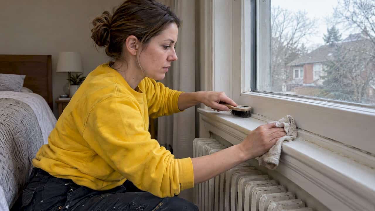 Homeowner cleaning window frame before caulking