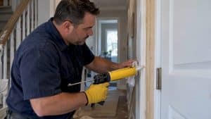Specialist applying paintable caulk before painting