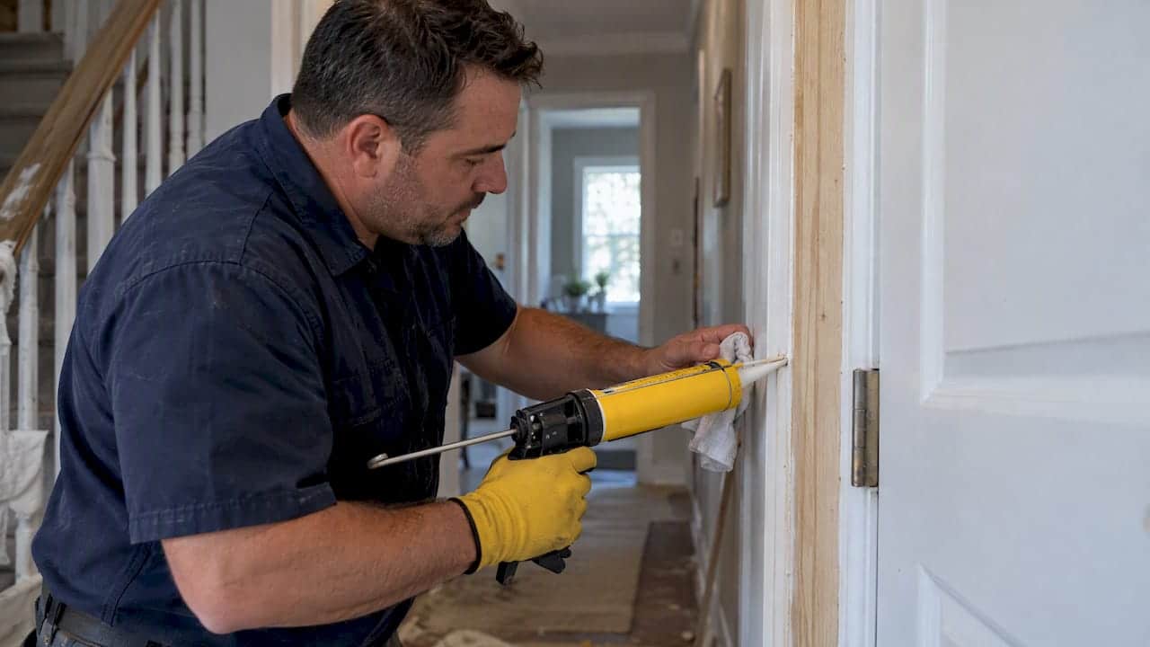 Specialist applying paintable caulk before painting