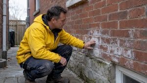Specialist inspecting efflorescence on brick