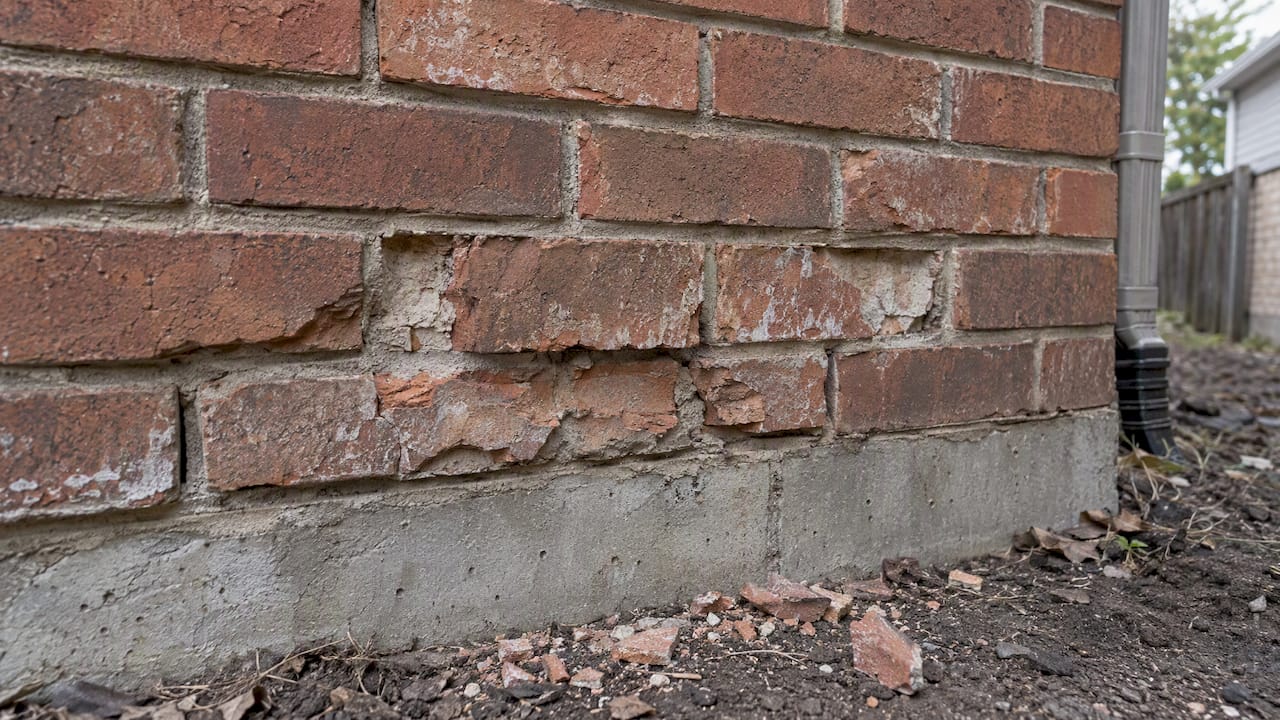 Flaking brick faces on a home foundation
