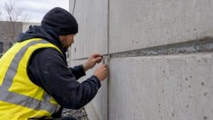 Technician checking a concrete panel sealant joint