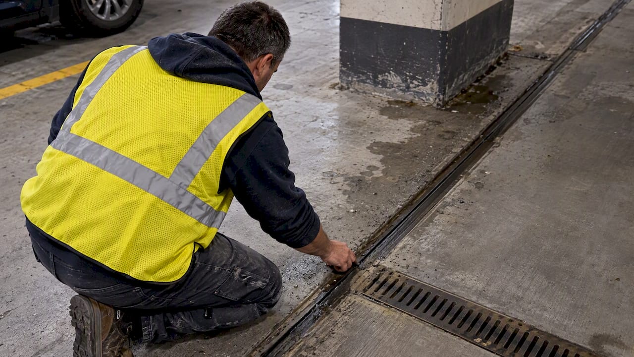 Technician checking a garage joint reservoir