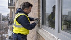 Technician removing failed sealant from window joint