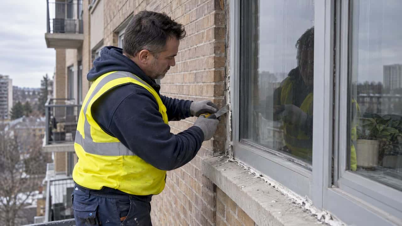 Technician removing failed sealant from window joint