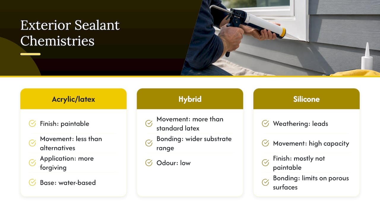 Comparison of three exterior sealant chemistries
