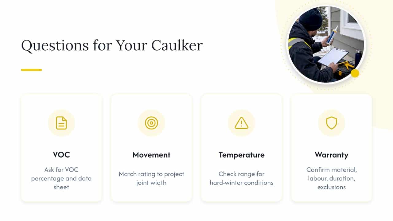 Questions to ask a professional caulker about low VOC products and warranties — overview diagram