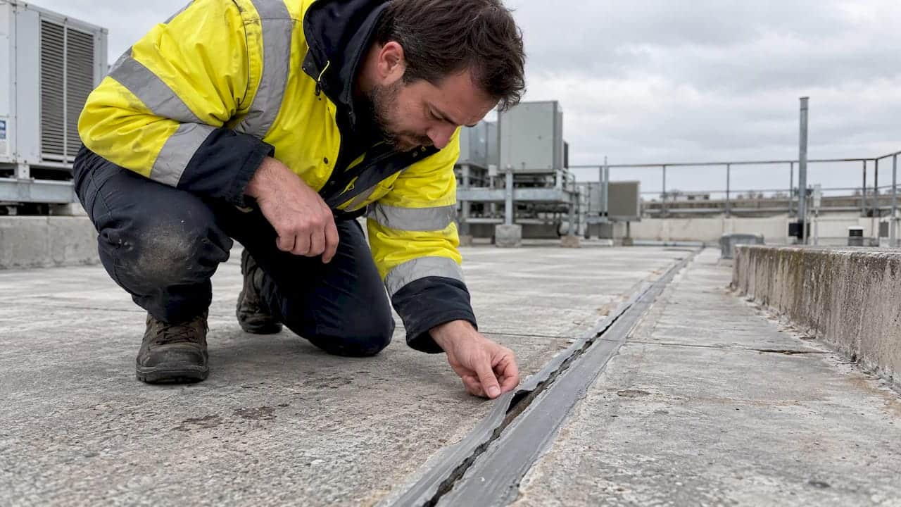 Technician inspecting a failed rooftop expansion joint