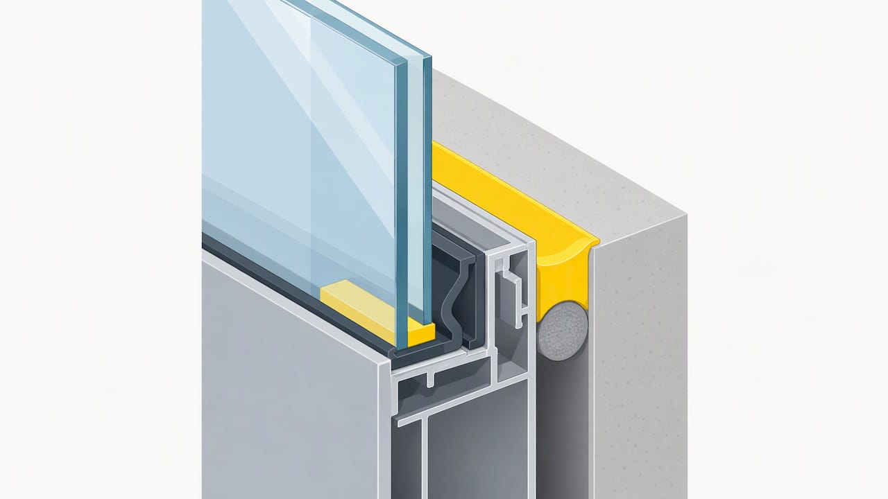 Cutaway of curtain wall joint materials