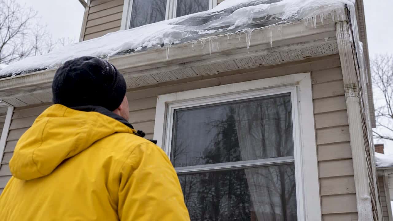 Ice buildup above a home window in winter