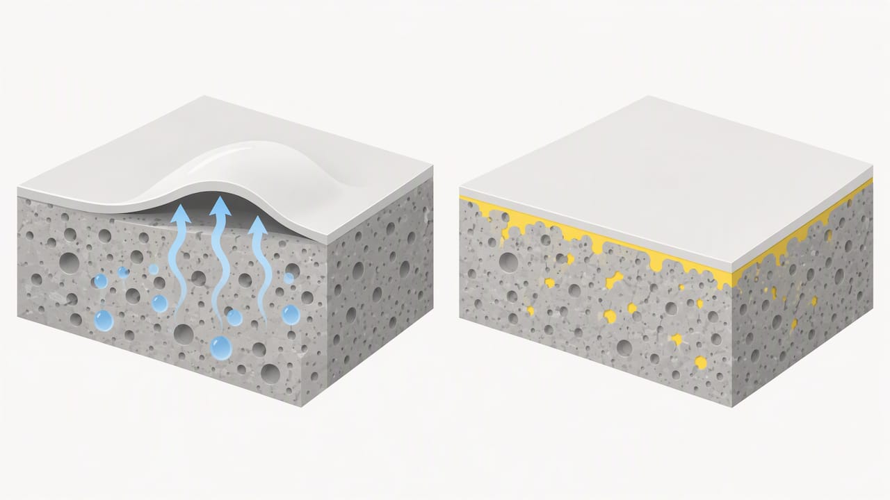 Moisture trapped in porous masonry beneath coating