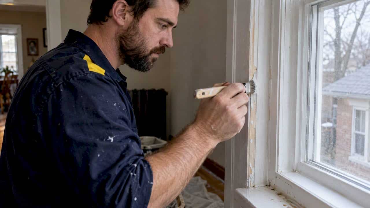 Contractor priming an interior window casing joint