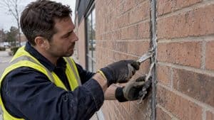 Technician scraping old sealant from brick joint