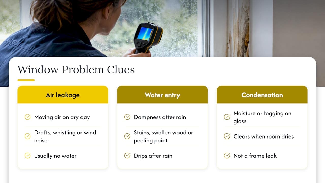 Three clues distinguish window air, water, and condensation