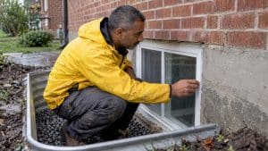 Contractor inspecting basement window well seal