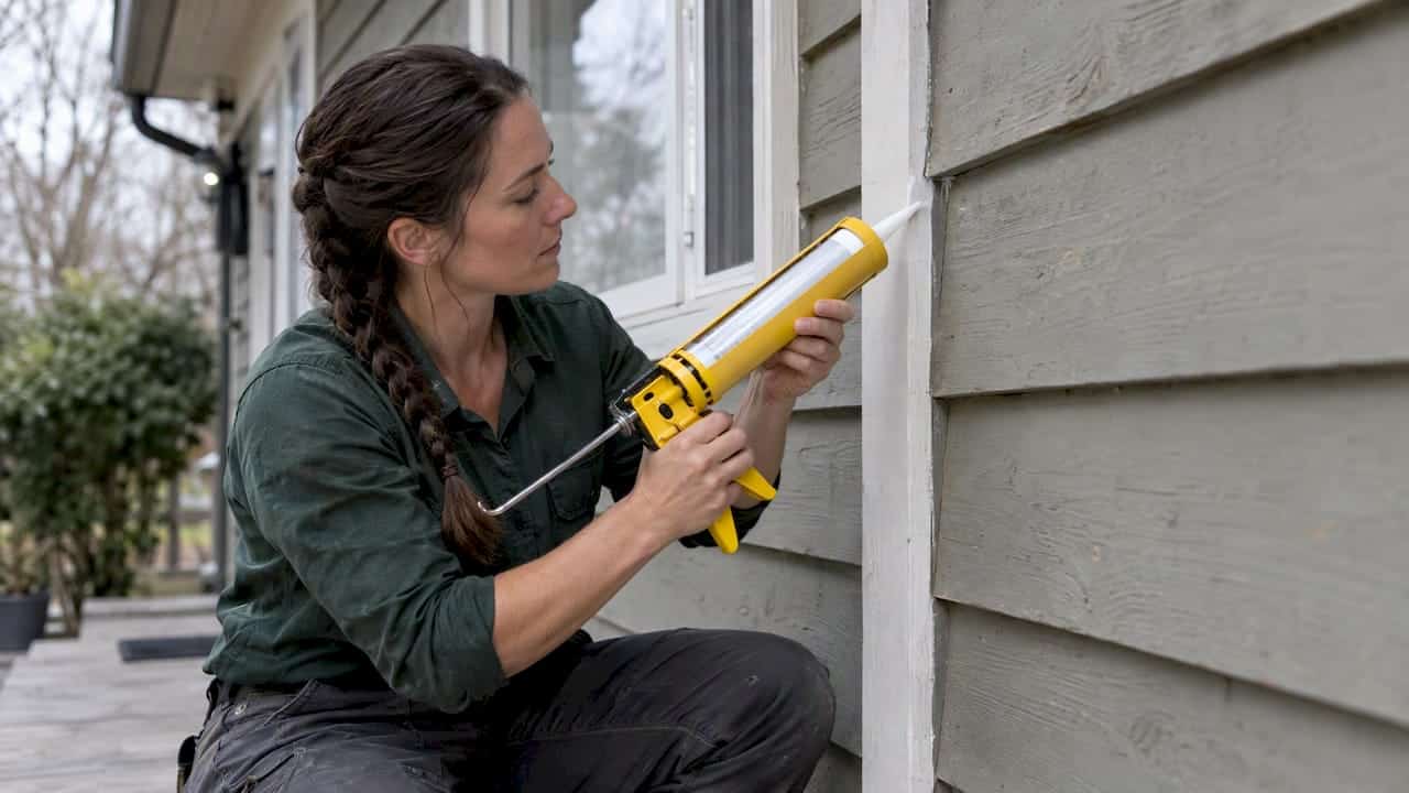 Contractor seals a vertical wood siding joint