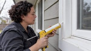 Caulk applied between exterior window trim and siding