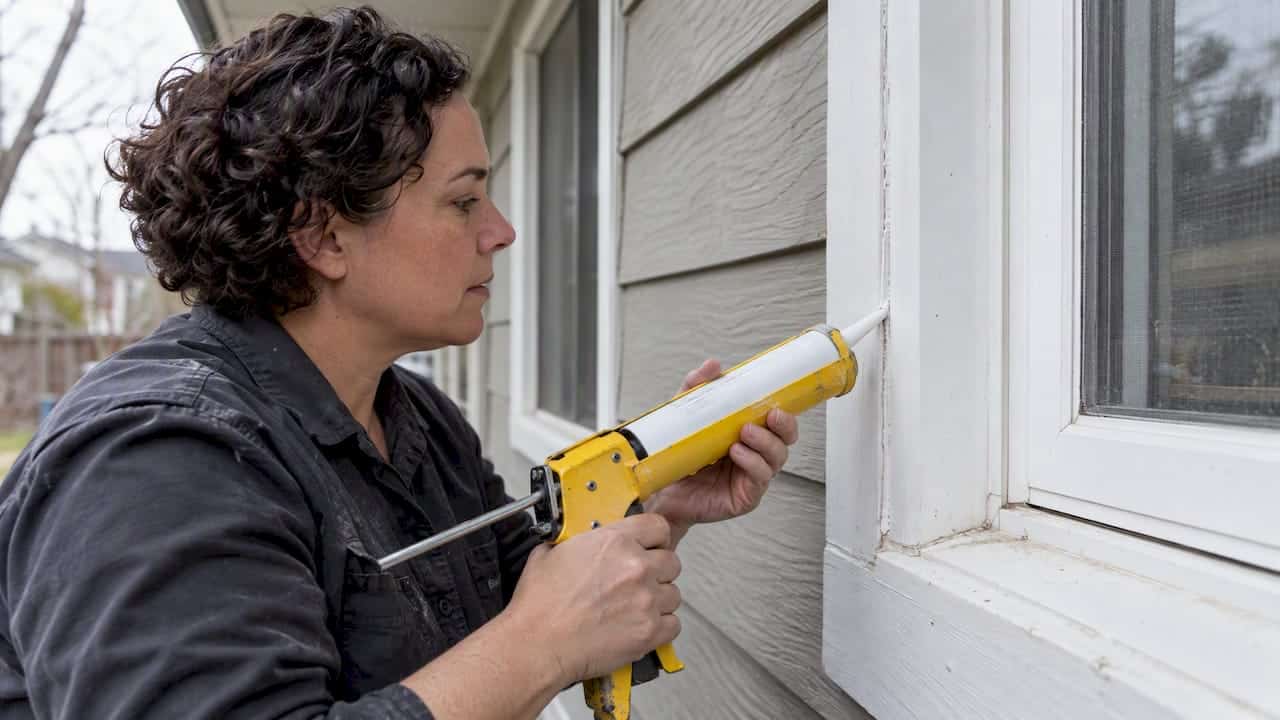Caulk applied between exterior window trim and siding